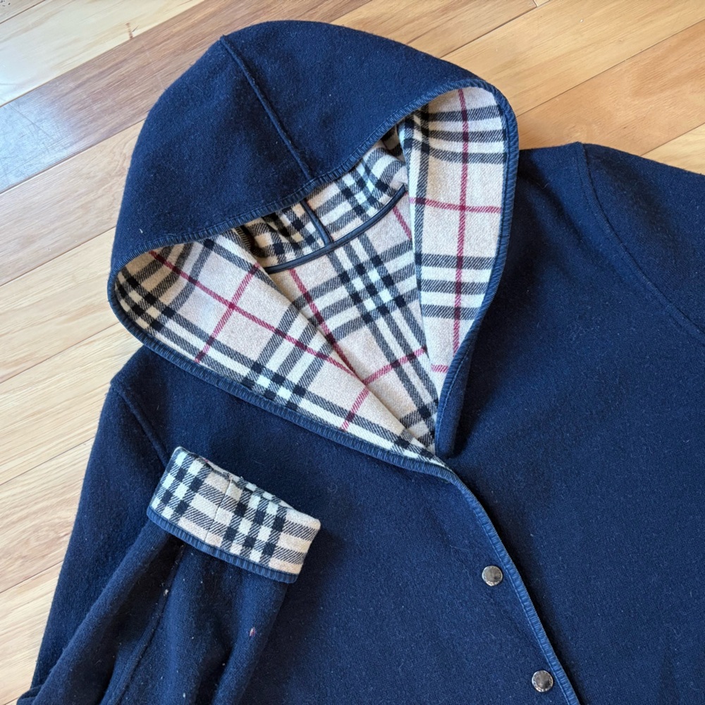 Vintage Burberry Car Coat Womens Sz 18 House Check Blue Hooded Wool Jacket - Picture 1 of 15